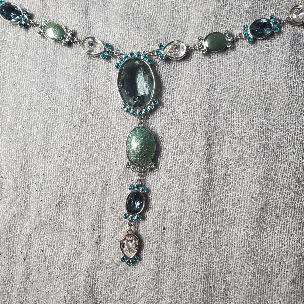 Swarovski Crystal Nocturne Long Green Blue Clear Stones Silver‎ Tone Swan Logo